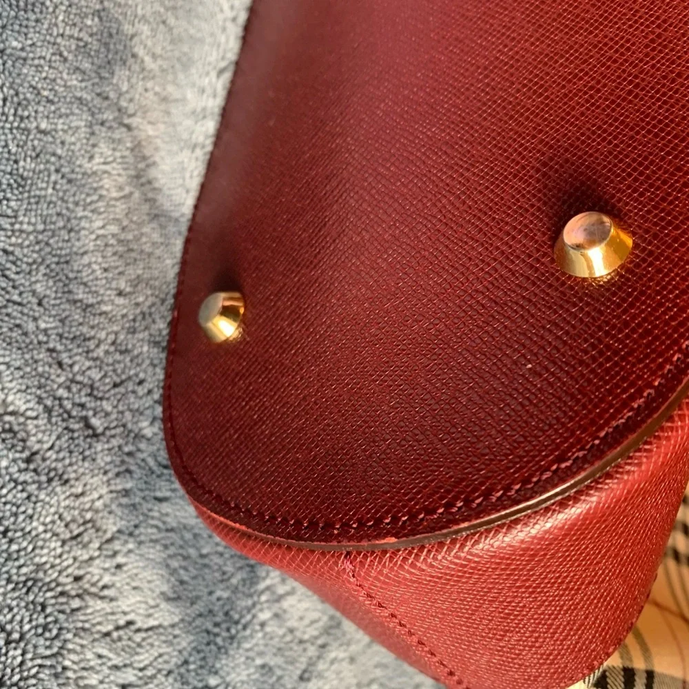 Burberry Beige Check Tote with Burgundy Trim